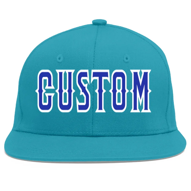 Baseball cap with hoodie pairing-Custom Aqua Royal-White Flat Eaves Sport Baseball Cap