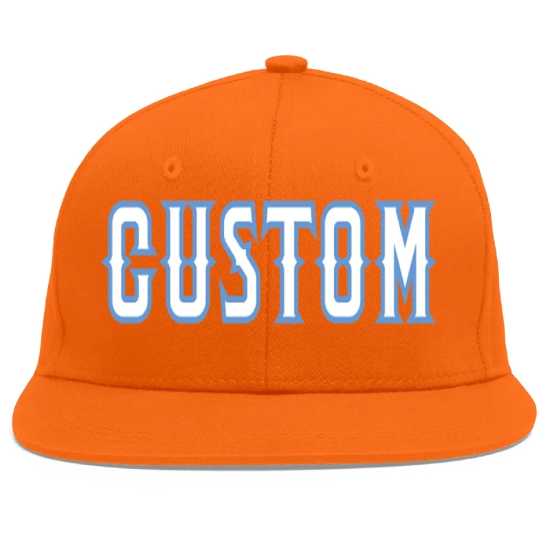 Pairing baseball caps with sportswear-Custom Orange White-Light Blue Flat Eaves Sport Baseball Cap