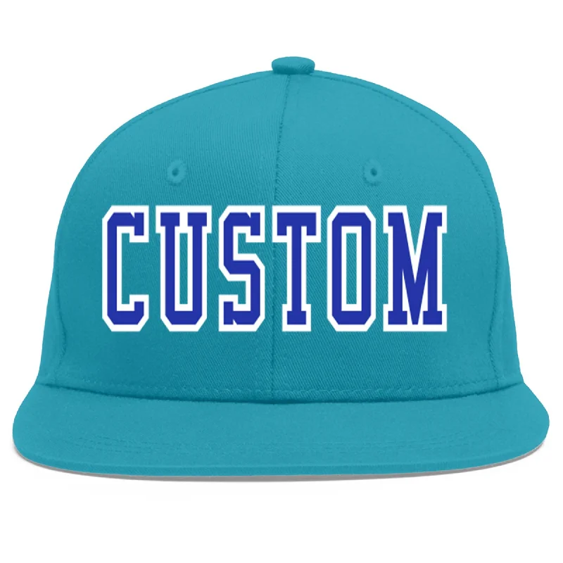 Customizable baseball caps-Custom Aqua Royal-White Flat Eaves Sport Baseball Cap