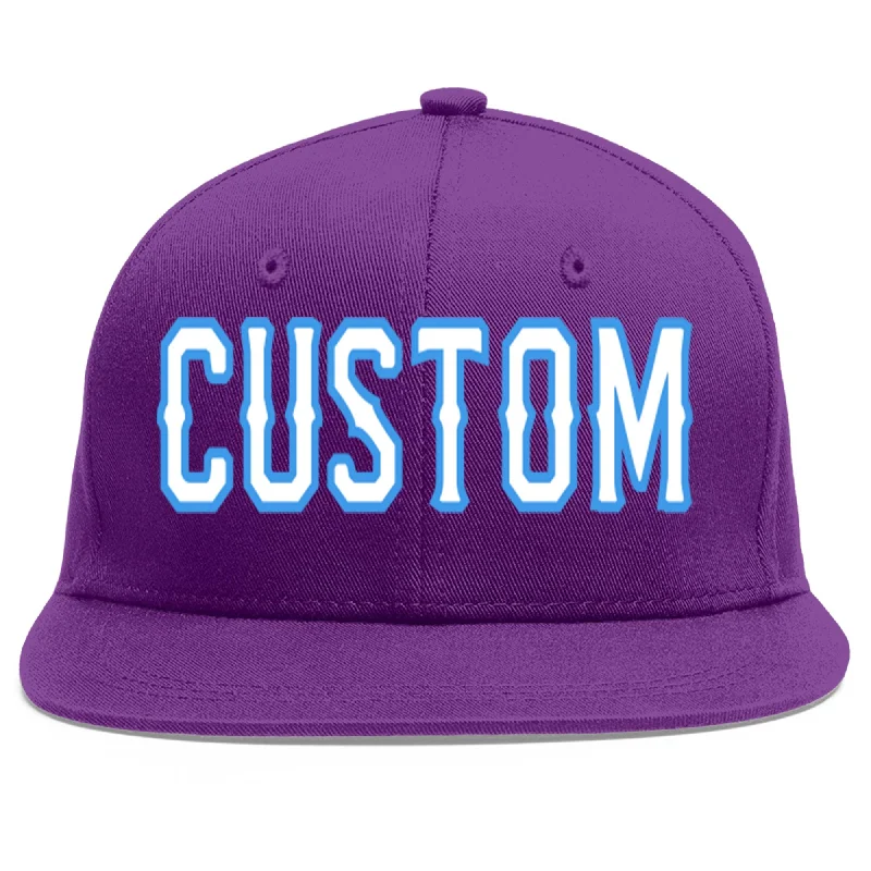 Interior lining features in baseball caps-Custom Purple White-Powder Blue Flat Eaves Sport Baseball Cap