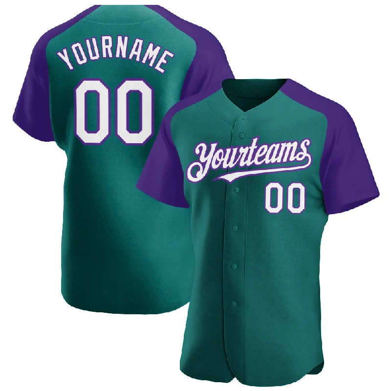 Baseball jerseys with moisture-wicking properties for comfort-Custom Teal White-Purple Authentic Raglan Sleeves Baseball Jersey