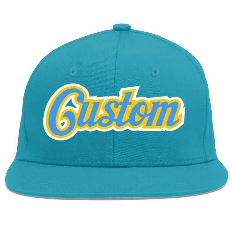 Baseball cap fit for extended wear-Custom Aqua Powder Blue-Gold Flat Eaves Sport Baseball Cap