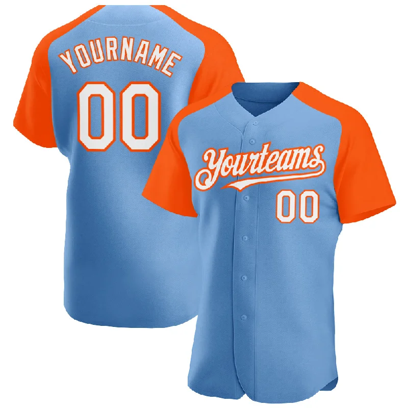 High-quality baseball jerseys for professional players-Custom Light Blue White-Orange Authentic Raglan Sleeves Baseball Jersey