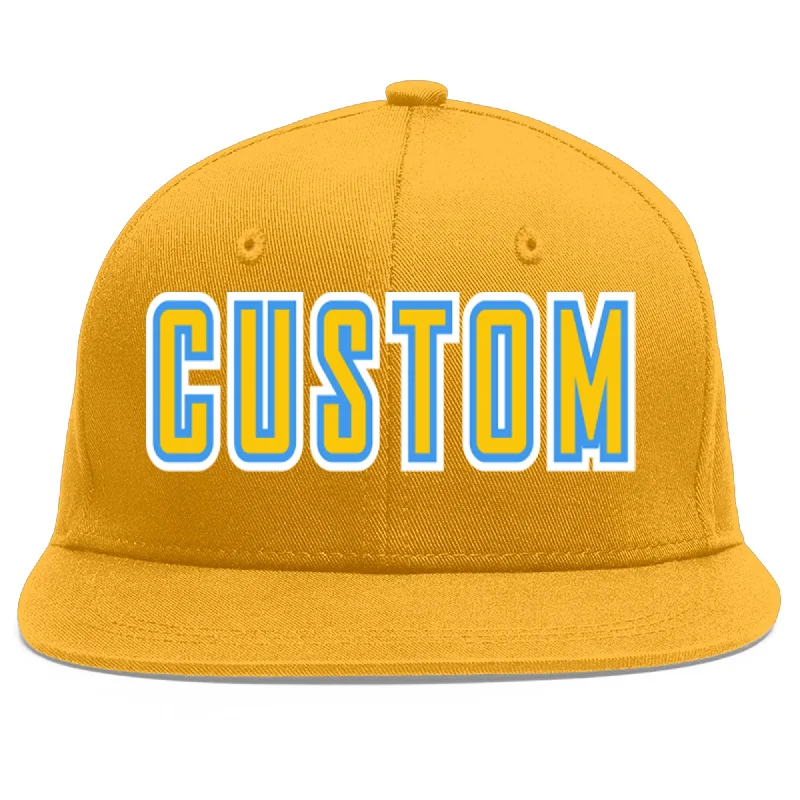 Reflective baseball caps for night safety-Custom Gold Gold-Powder Blue Flat Eaves Sport Baseball Cap