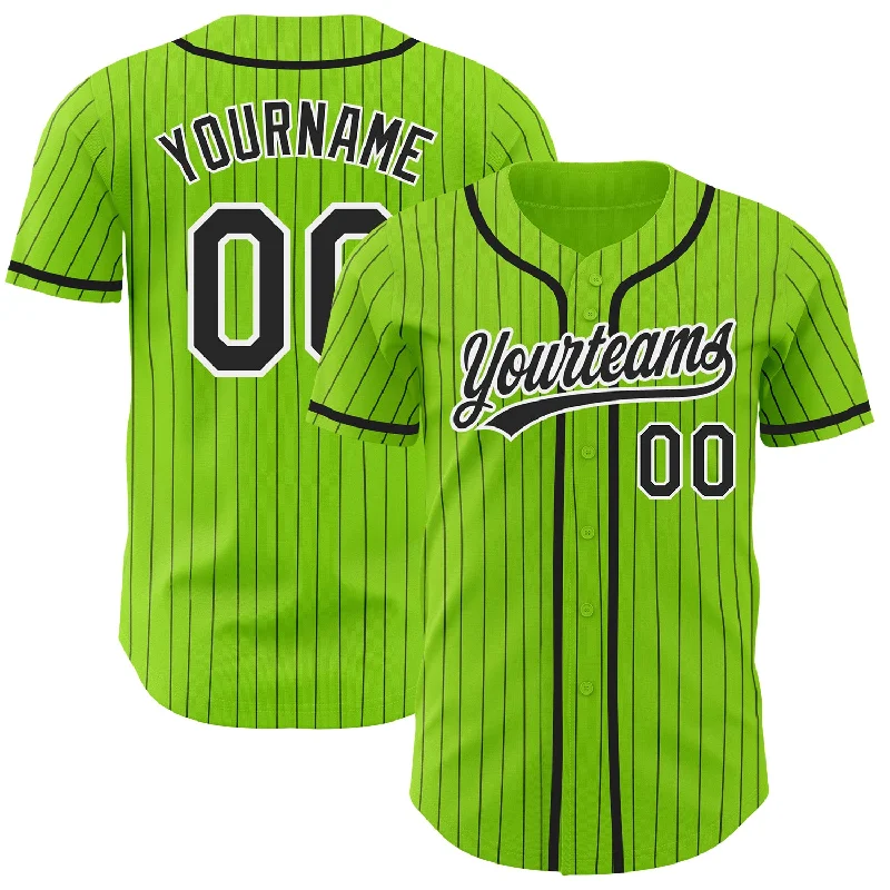 Baseball jerseys for practice and warm-ups-Custom Neon Green Black Pinstripe White Authentic Baseball Jersey