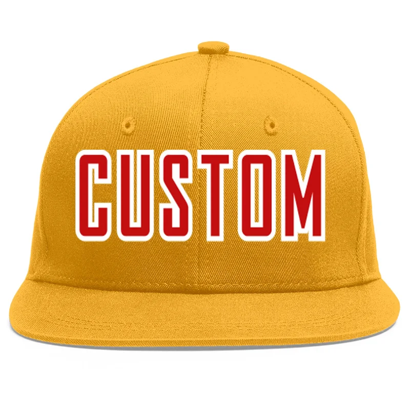 Baseball caps with elastic fit-Custom Gold Red-White Flat Eaves Sport Baseball Cap