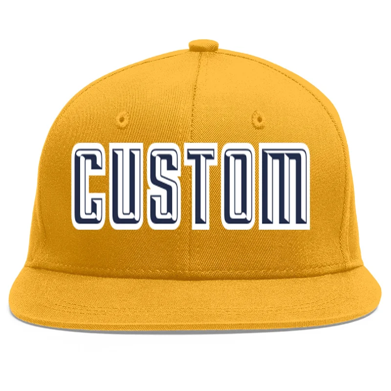 Stylish baseball cap designs-Custom Gold Navy-White Flat Eaves Sport Baseball Cap