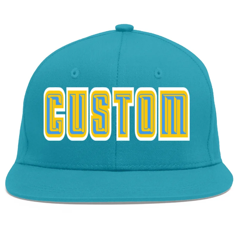 Durability of baseball caps for long-term use-Custom Aqua Powder Blue-Gold Flat Eaves Sport Baseball Cap