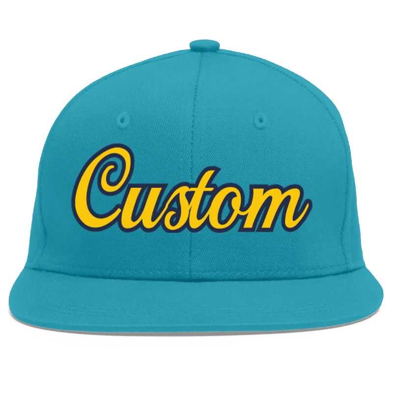 Brim design and comfort of baseball caps-Custom Aqua Gold-Navy Flat Eaves Sport Baseball Cap