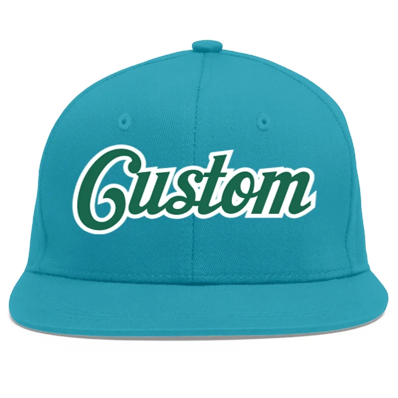 Trendy baseball caps for streetwear-Custom Aqua Kelly Green-White Flat Eaves Sport Baseball Cap