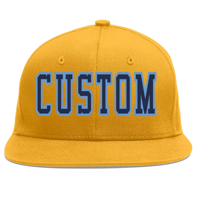 Best baseball caps for summer-Custom Gold Navy-Light Blue Flat Eaves Sport Baseball Cap