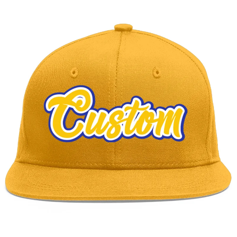 Baseball cap color combinations-Custom Gold Gold-White Flat Eaves Sport Baseball Cap