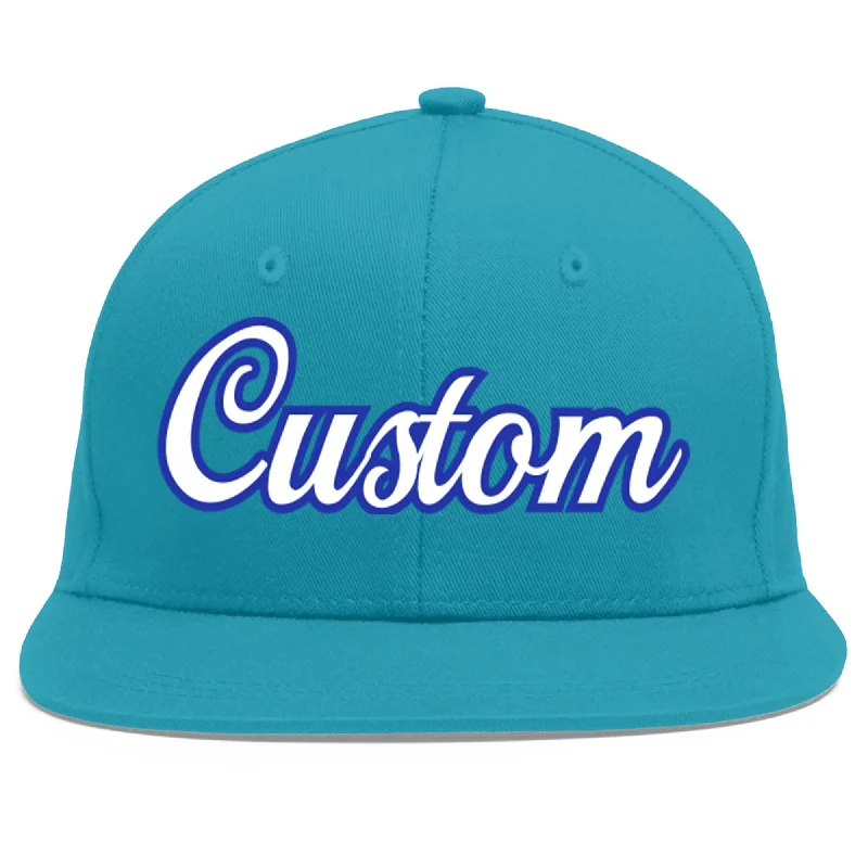 Durability of baseball caps-Custom Aqua White-Royal Flat Eaves Sport Baseball Cap