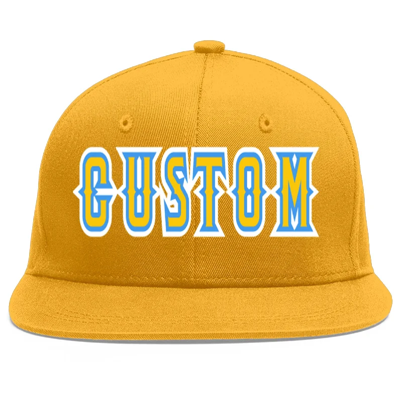 Sweat-proof baseball caps-Custom Gold Gold-Powder Blue Flat Eaves Sport Baseball Cap