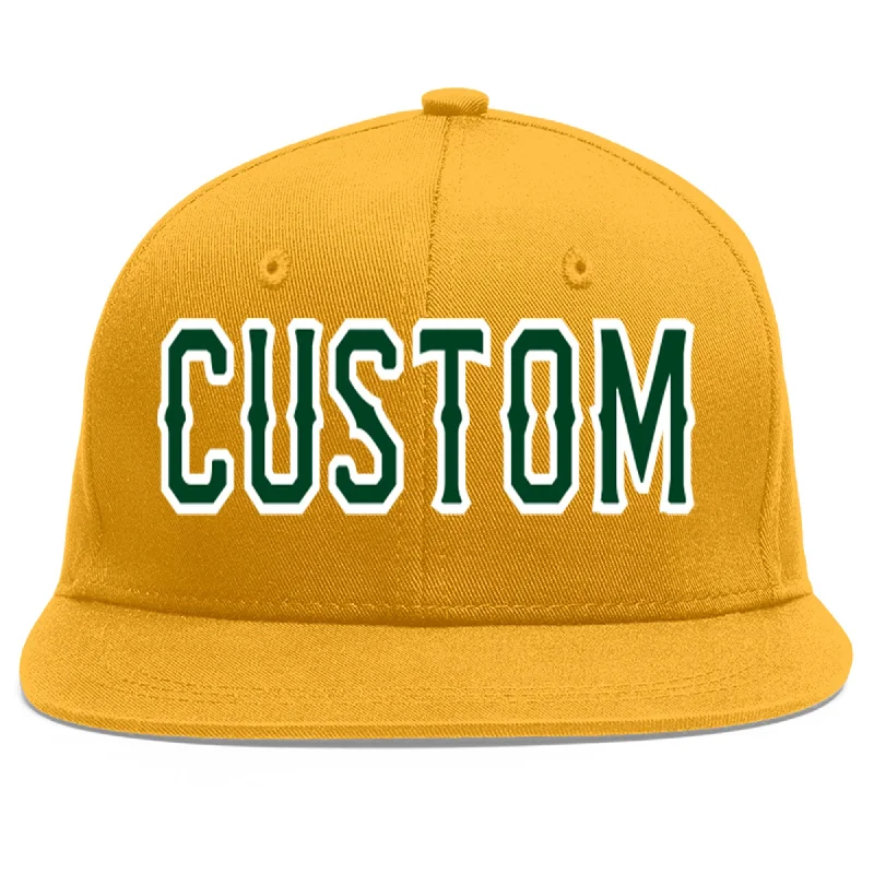 Baseball caps for travel wear-Custom Gold Green-White Flat Eaves Sport Baseball Cap