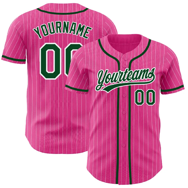 Baseball jerseys with moisture-wicking mesh fabric-Custom Pink White Pinstripe Green Authentic Baseball Jersey