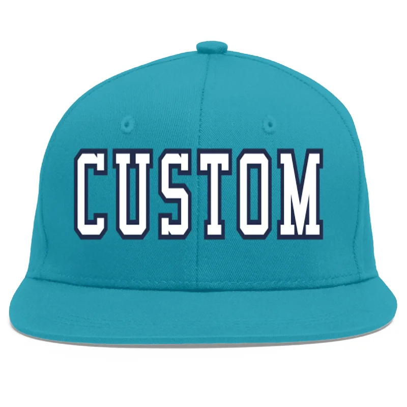 Classic baseball cap features-Custom Aqua White-Navy Flat Eaves Sport Baseball Cap