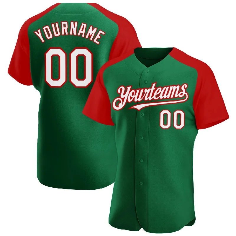 Baseball jerseys with oversized logos for team pride-Custom Kelly Green White-Red Authentic Raglan Sleeves Baseball Jersey