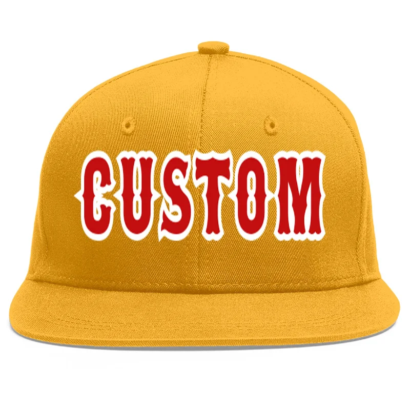 Classic black baseball caps-Custom Gold Red-White Flat Eaves Sport Baseball Cap