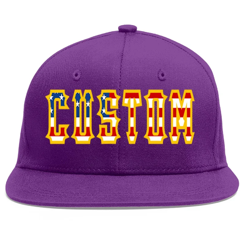 Baseball caps for casual wear-Custom Purple Vintage USA Flag-Gold Flat Eaves Sport Baseball Cap