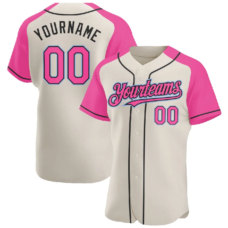 Baseball jerseys with mesh panels for better airflow-Custom Cream Pink Black-Light Blue Authentic Raglan Sleeves Baseball Jersey