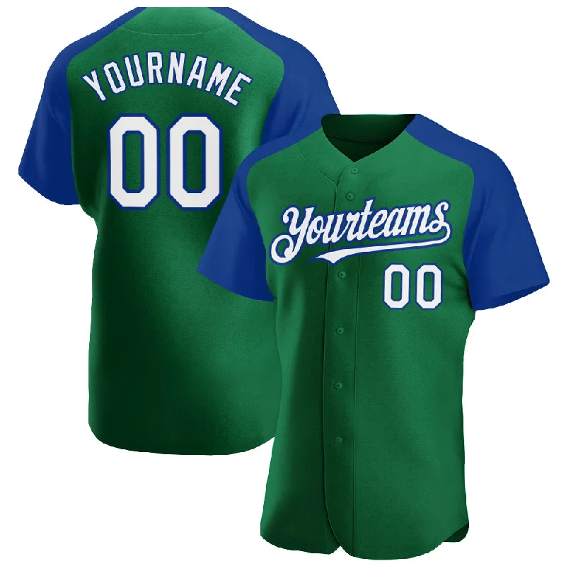 Baseball jerseys with cool-down technology for hot games-Custom Kelly Green White-Royal Authentic Raglan Sleeves Baseball Jersey