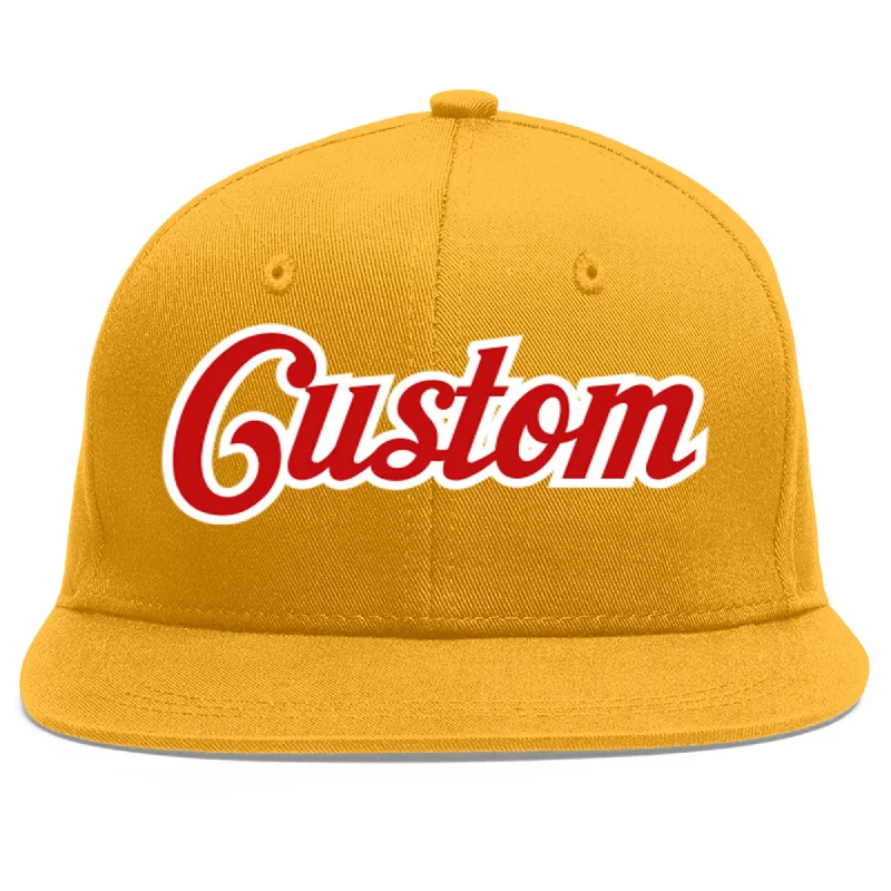 Embroidered logo baseball caps-Custom Gold Red-White Flat Eaves Sport Baseball Cap