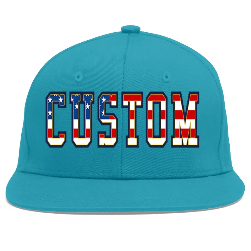 Baseball caps for team sports-Custom Aqua Vintage USA Flag-Gold Flat Eaves Sport Baseball Cap