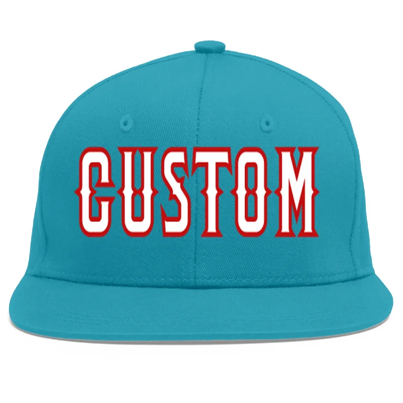 Baseball cap history and origin-Custom Aqua White-Red Flat Eaves Sport Baseball Cap