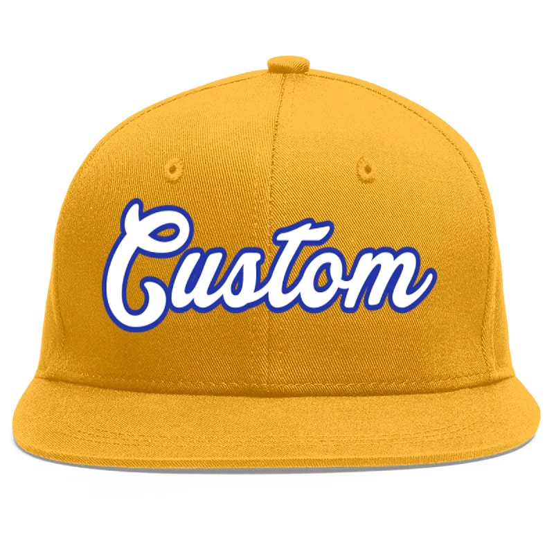 Lightweight baseball caps-Custom Gold White-Royal Flat Eaves Sport Baseball Cap