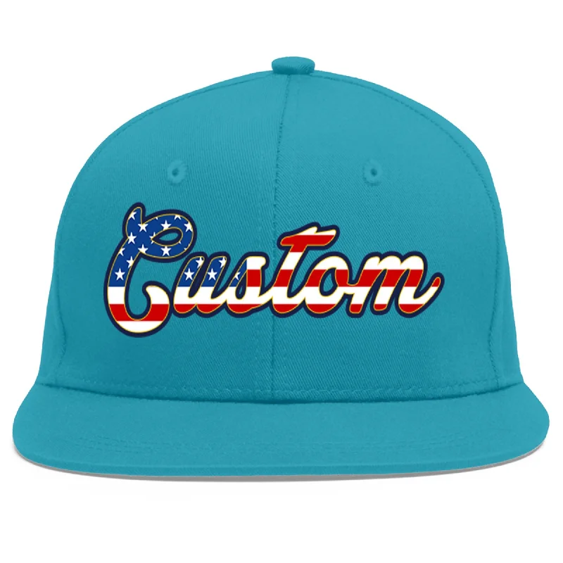 High-quality baseball caps-Custom Aqua Vintage USA Flag-Gold Flat Eaves Sport Baseball Cap