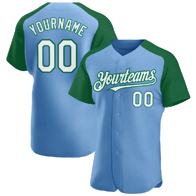 Baseball jerseys for college teams-Custom Light Blue White-Kelly Green Authentic Raglan Sleeves Baseball Jersey