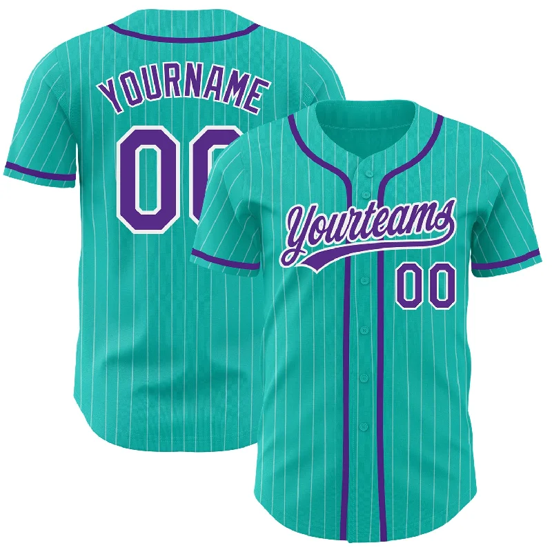 Soft and breathable baseball jerseys for everyday wear-Custom Aqua White Pinstripe Purple Authentic Baseball Jersey