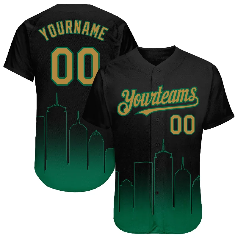 Baseball jerseys for girls and boys teams-Custom Black Old Gold-Kelly Green 3D Boston City Edition Fade Fashion Authentic Baseball Jersey