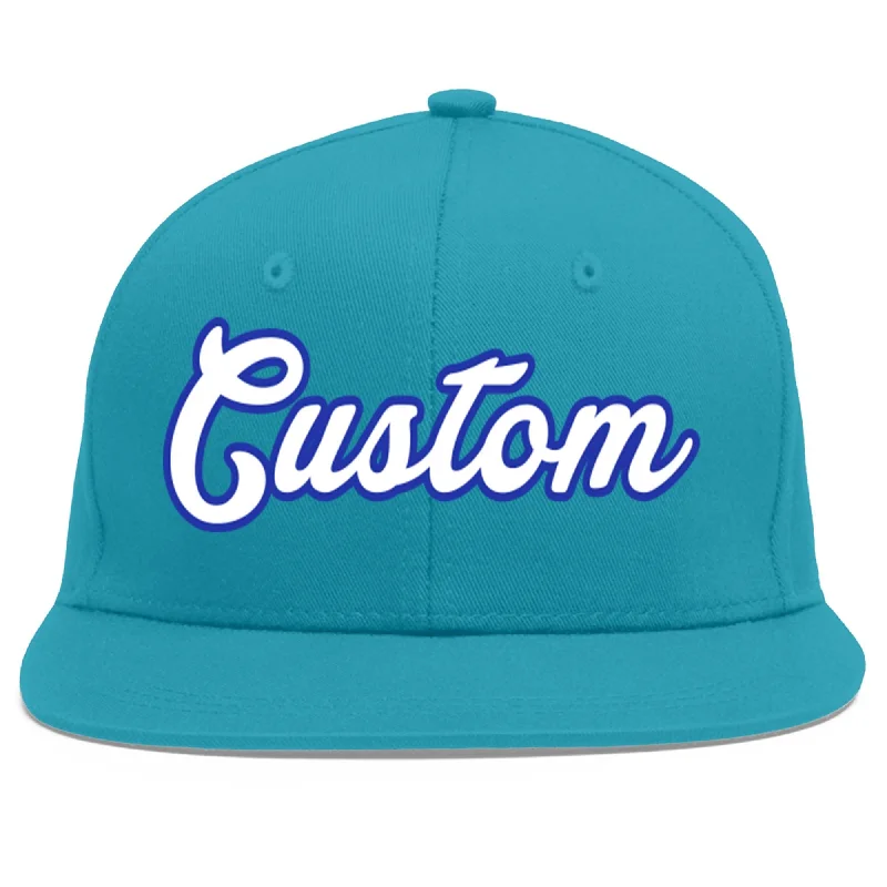 Baseball caps for spring and summer-Custom Aqua White-Royal Flat Eaves Sport Baseball Cap