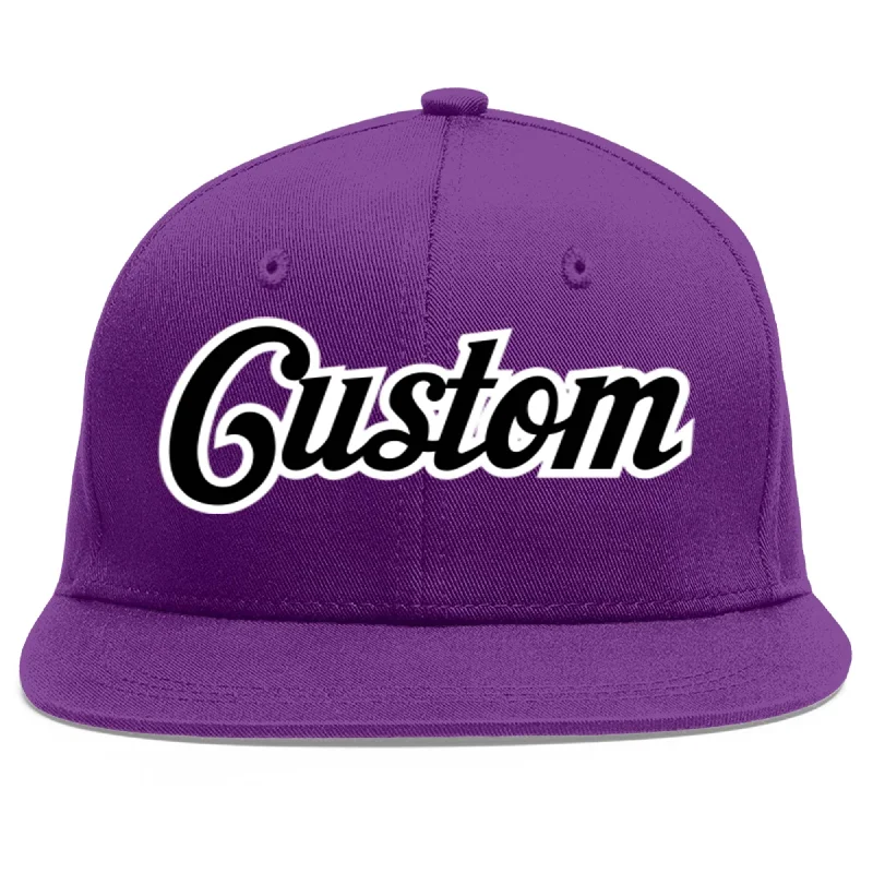 Versatile baseball cap styles-Custom Purple Black-White Flat Eaves Sport Baseball Cap