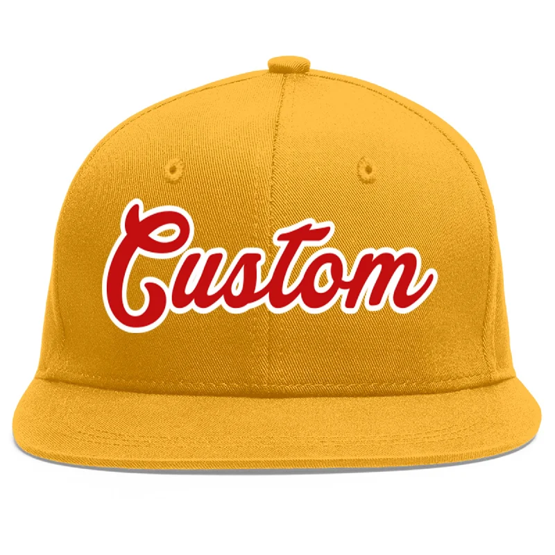 Baseball caps for different head shapes-Custom Gold Red-White Flat Eaves Sport Baseball Cap