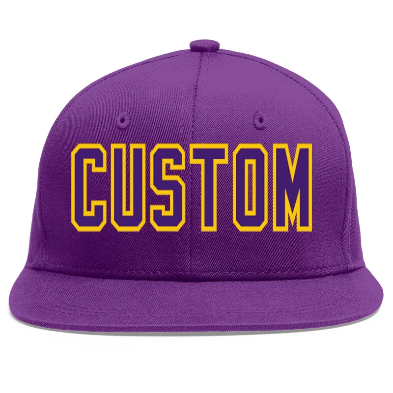 Adjustable baseball caps-Custom Purple purple-Gold Flat Eaves Sport Baseball Cap