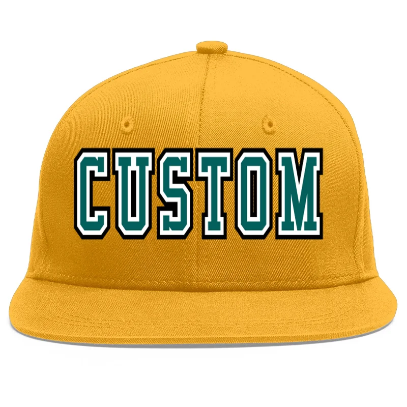 Pairing baseball caps with sportswear-Custom Gold Aqua-White Flat Eaves Sport Baseball Cap