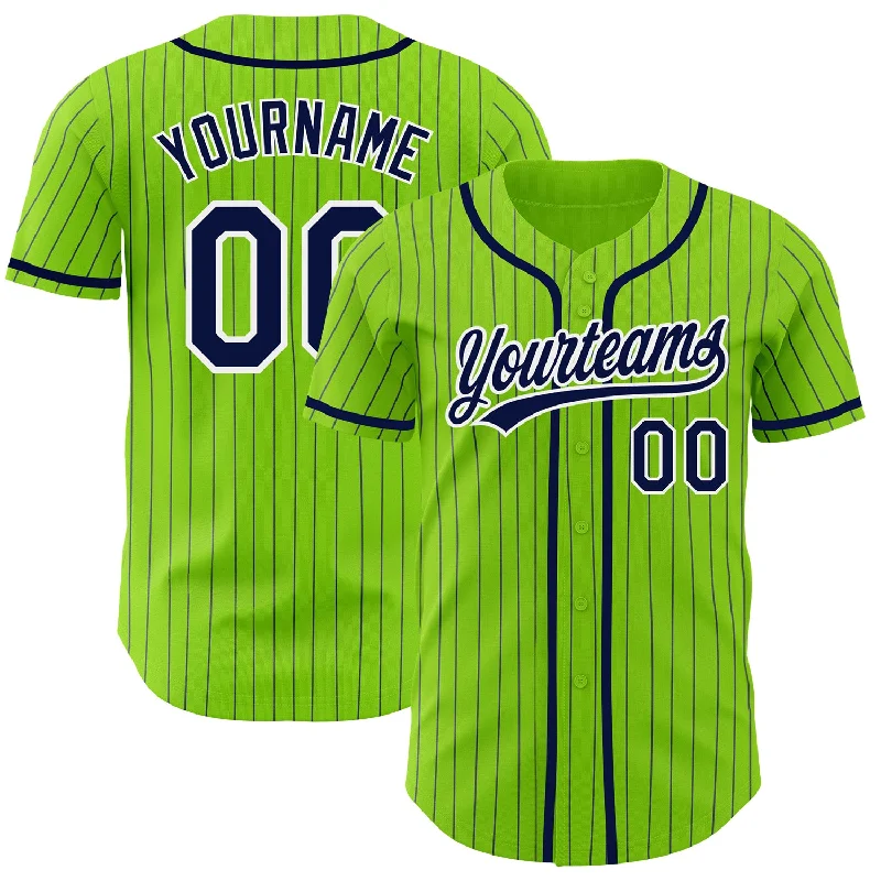 Baseball jerseys with reflective details for night games-Custom Neon Green Navy Pinstripe White Authentic Baseball Jersey