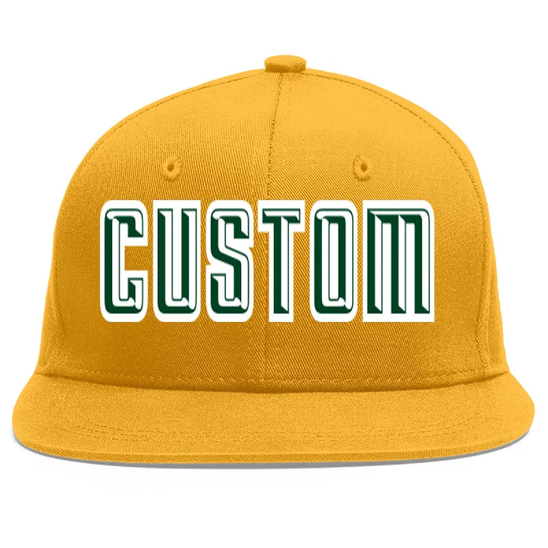 Baseball cap with hoodie pairing-Custom Gold Green-White Flat Eaves Sport Baseball Cap