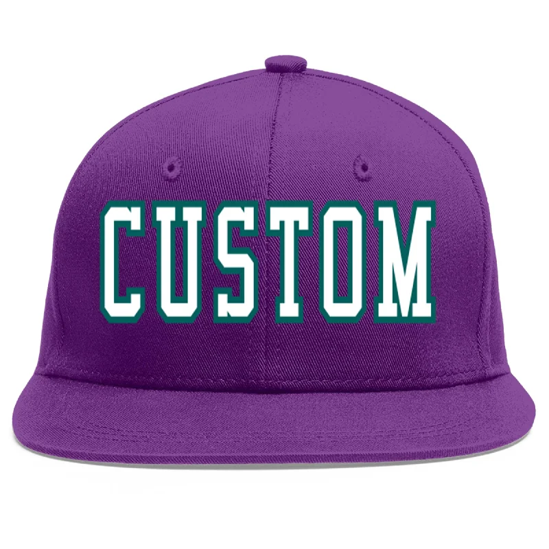 Baseball caps with mesh panels-Custom Purple White-Aqua Flat Eaves Sport Baseball Cap