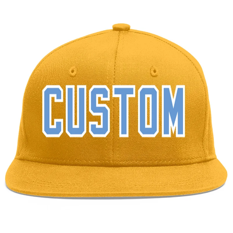 Ventilation features in baseball caps-Custom Gold Light Blue-White Flat Eaves Sport Baseball Cap