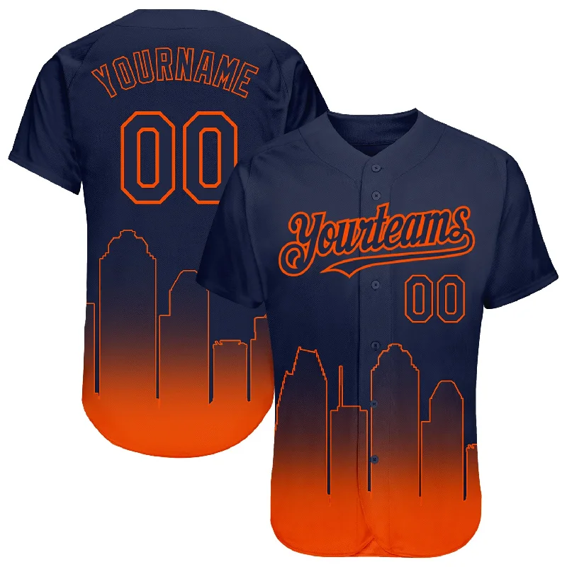 Baseball jerseys with removable logos for events-Custom Navy Orange 3D Houston City Edition Fade Fashion Authentic Baseball Jersey