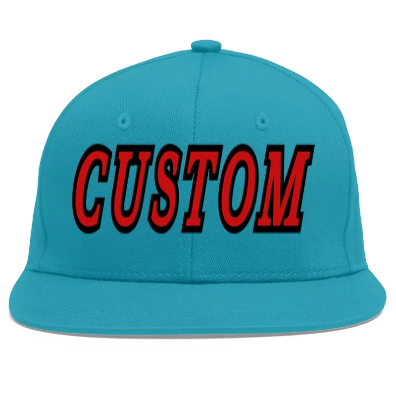 Baseball caps with flexible design-Custom Aqua Red-Black Flat Eaves Sport Baseball Cap