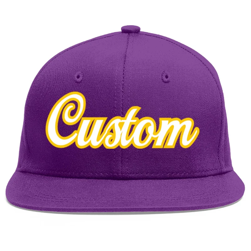 Soft fabric baseball caps-Custom Purple White-Gold Flat Eaves Sport Baseball Cap