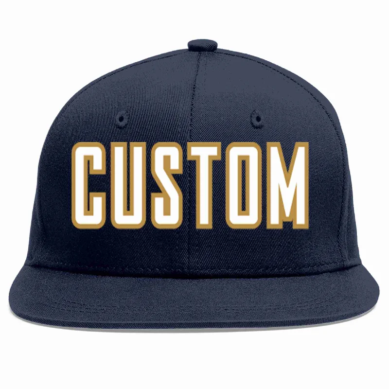 Classic baseball cap designs-Custom Navy White-Old Gold Casual Sport Baseball Cap