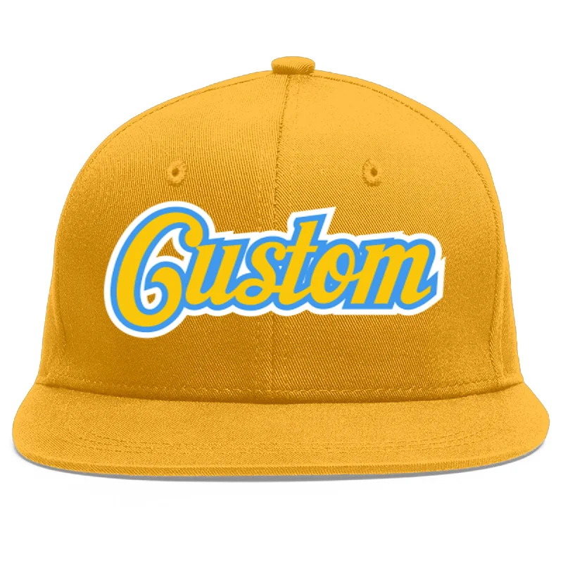 All-season baseball caps-Custom Gold Gold-Powder Blue Flat Eaves Sport Baseball Cap