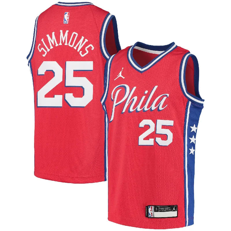 Best basketball jerseys with team branding-Ben Simmons Philadelphia 76ers Jordan Brand Youth 2020/21 Swingman Player Basketball Jersey - Statement Edition - Red