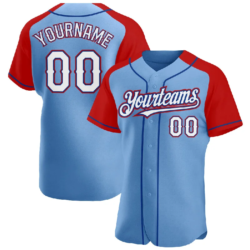 Best baseball jerseys for team sports-Custom Light Blue White Red-Royal Authentic Raglan Sleeves Baseball Jersey